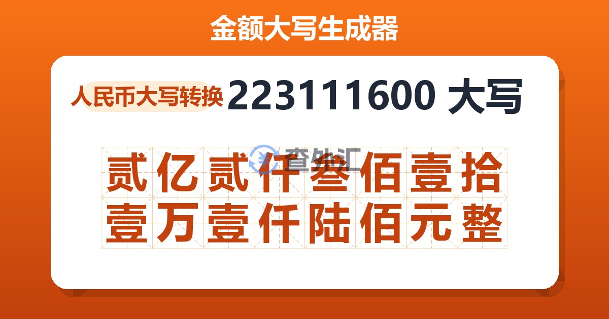 223111600大写 贰亿贰仟叁佰壹拾壹万壹仟陆佰元整