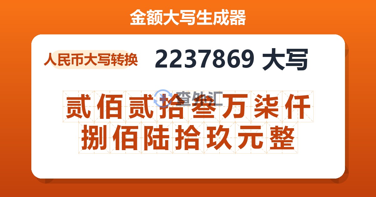 2237869大写 贰佰贰拾叁万柒仟捌佰陆拾玖元整