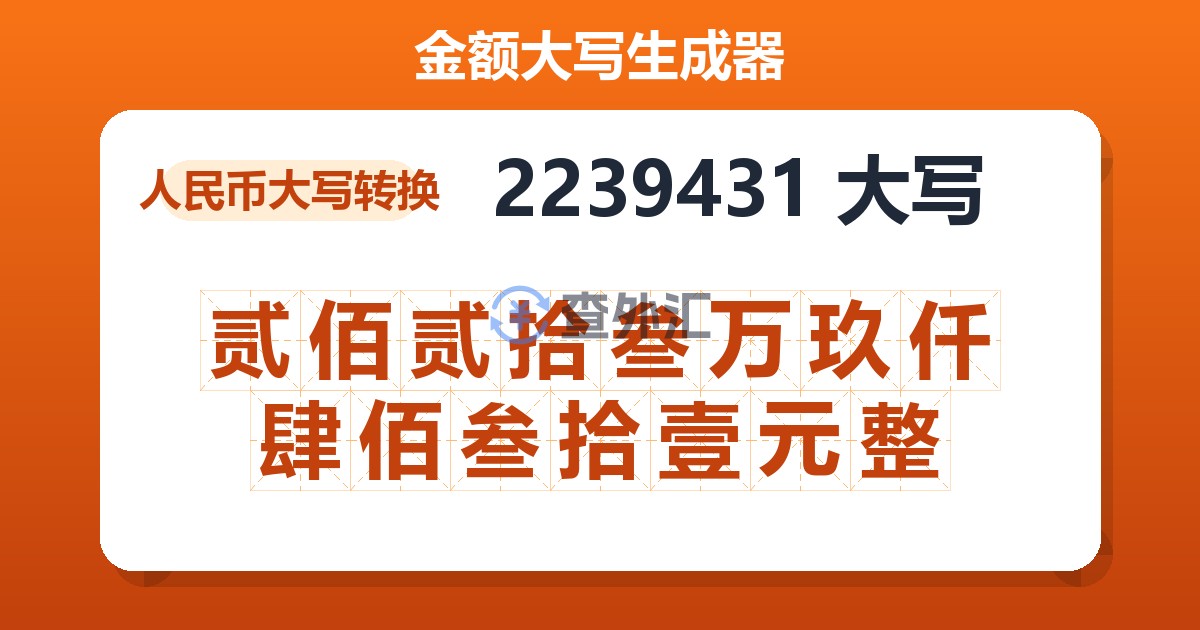 2239431大写 贰佰贰拾叁万玖仟肆佰叁拾壹元整