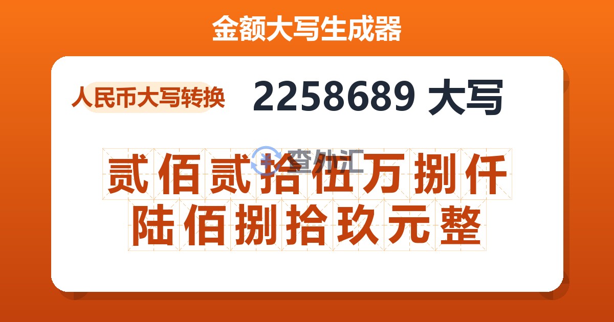 2258689大写 贰佰贰拾伍万捌仟陆佰捌拾玖元整