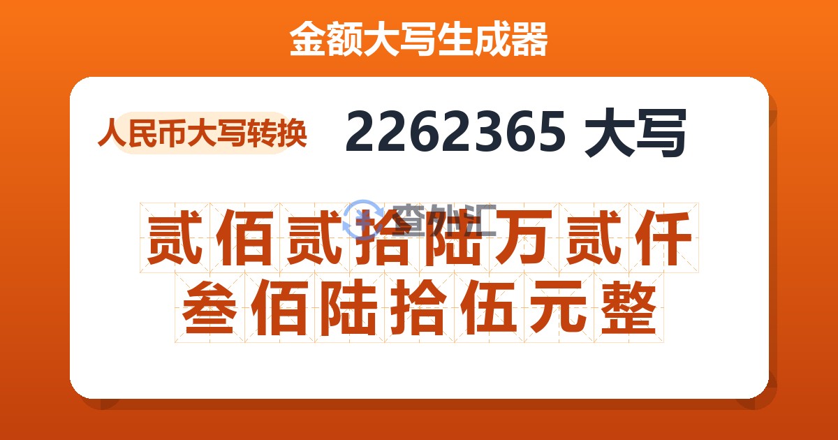 2262365大写 贰佰贰拾陆万贰仟叁佰陆拾伍元整