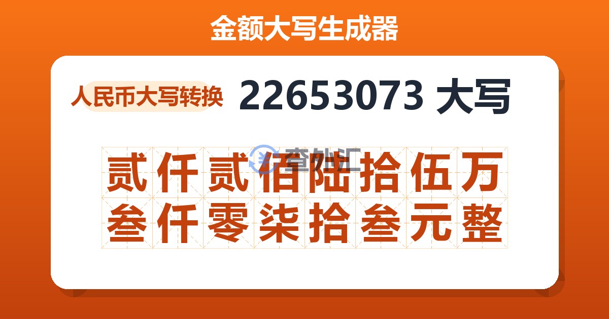 22653073大写 贰仟贰佰陆拾伍万叁仟零柒拾叁元整