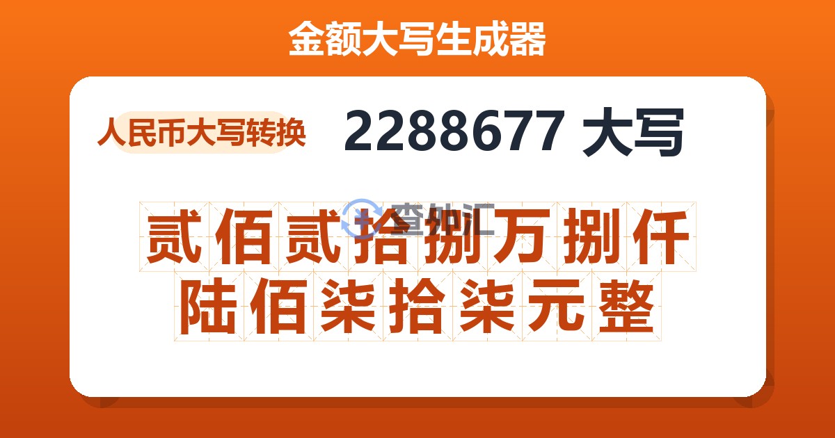 2288677大写 贰佰贰拾捌万捌仟陆佰柒拾柒元整