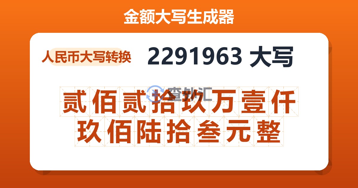 2291963大写 贰佰贰拾玖万壹仟玖佰陆拾叁元整