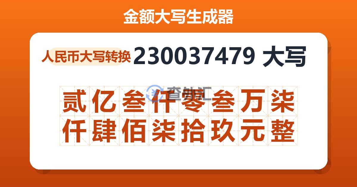 230037479大写 贰亿叁仟零叁万柒仟肆佰柒拾玖元整