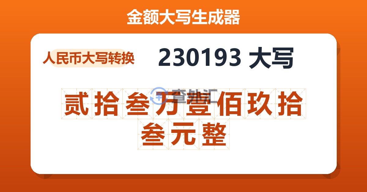 230193大写 贰拾叁万壹佰玖拾叁元整