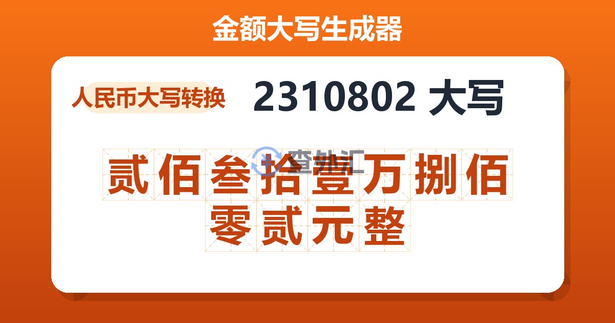 2310802大写 贰佰叁拾壹万捌佰零贰元整