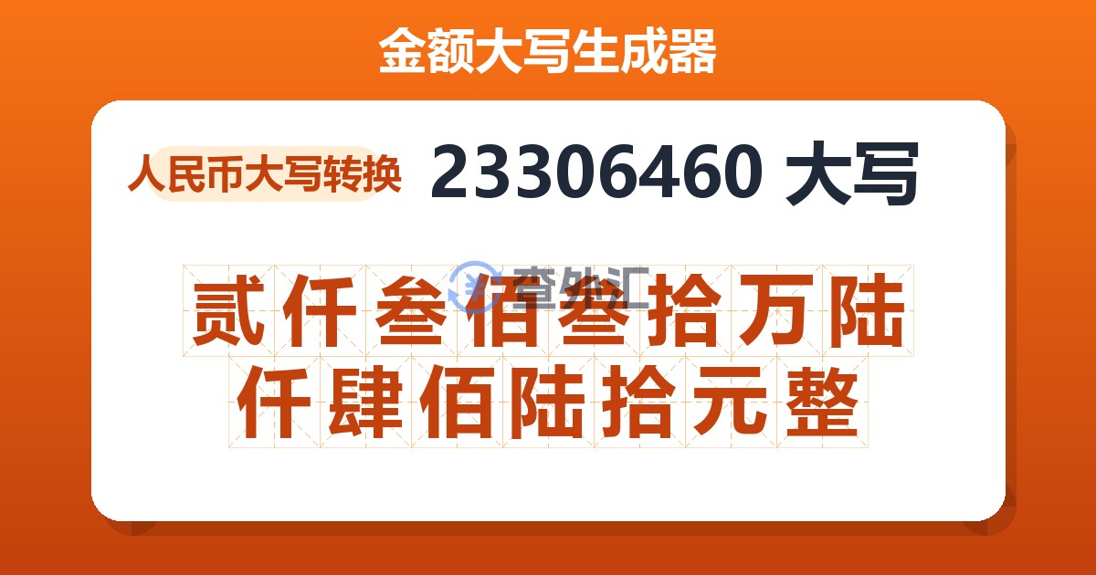 23306460大写 贰仟叁佰叁拾万陆仟肆佰陆拾元整