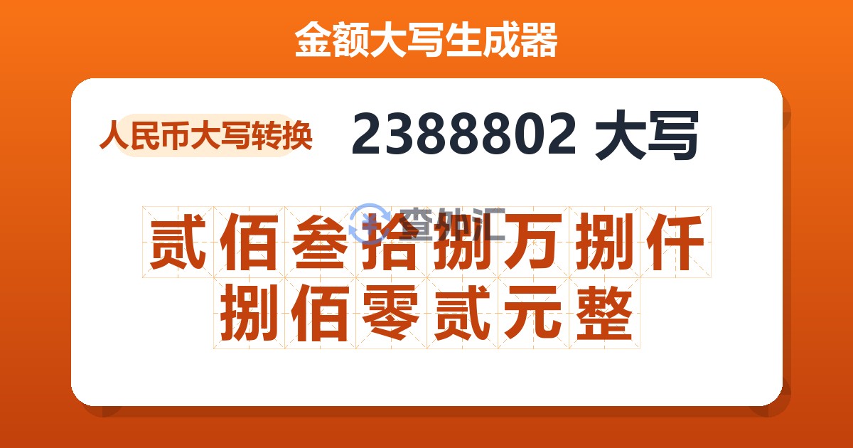 2388802大写 贰佰叁拾捌万捌仟捌佰零贰元整