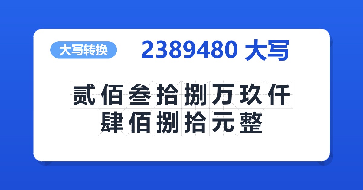 2389480大写 贰佰叁拾捌万玖仟肆佰捌拾元整