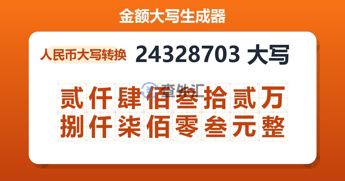 24328703大写 贰仟肆佰叁拾贰万捌仟柒佰零叁元整