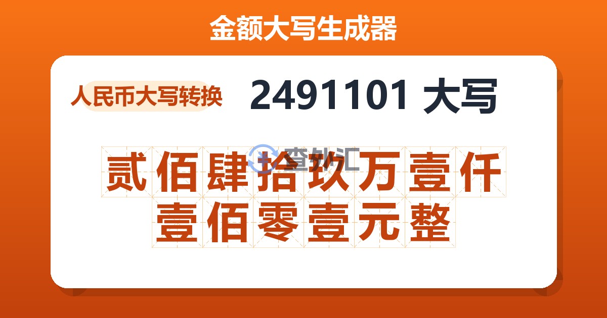 2491101大写 贰佰肆拾玖万壹仟壹佰零壹元整