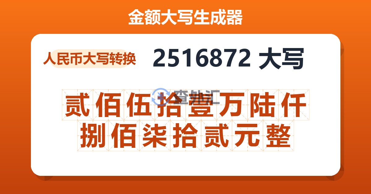 2516872大写 贰佰伍拾壹万陆仟捌佰柒拾贰元整