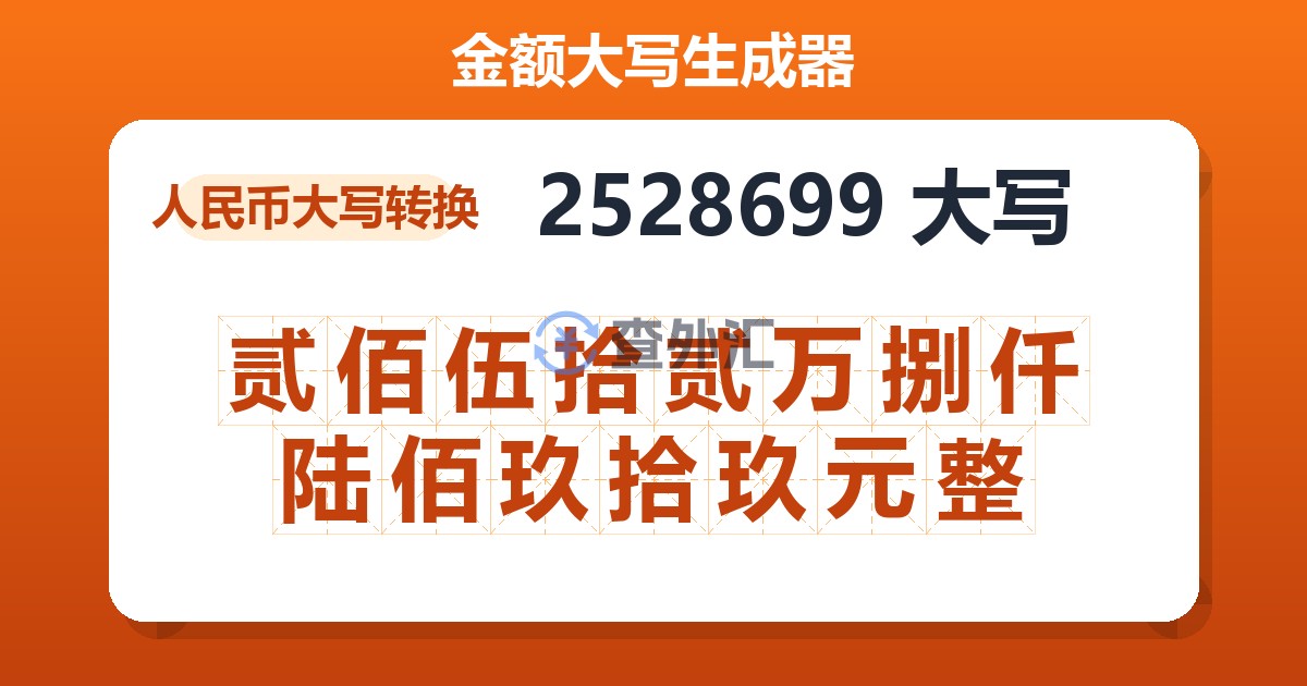 2528699大写 贰佰伍拾贰万捌仟陆佰玖拾玖元整