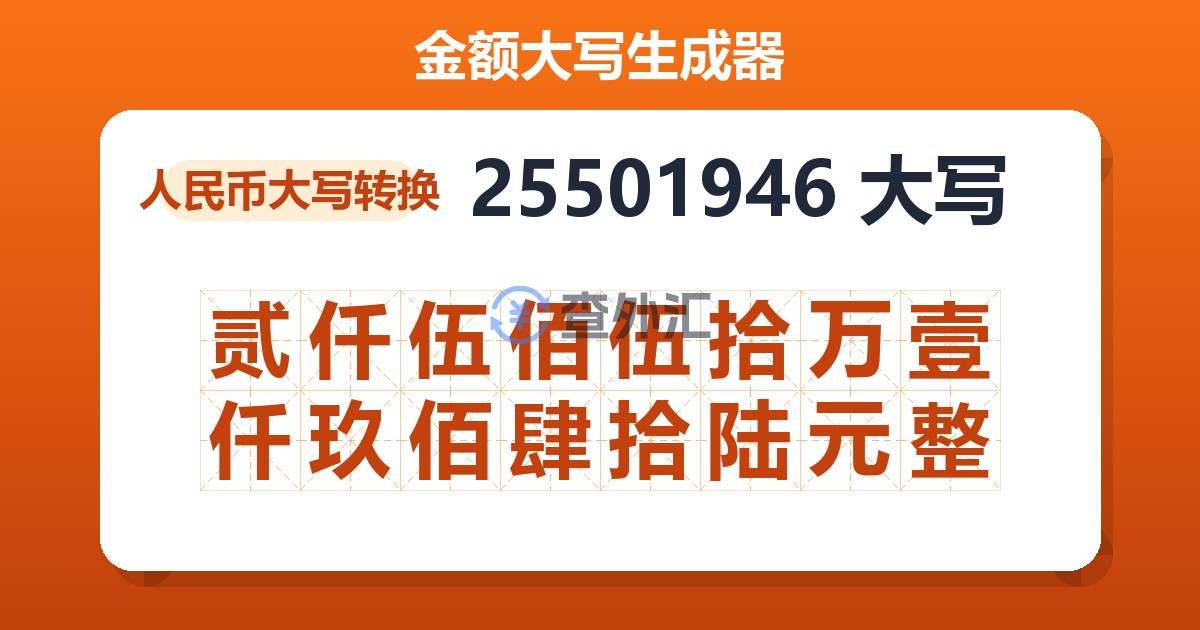 25501946大写 贰仟伍佰伍拾万壹仟玖佰肆拾陆元整
