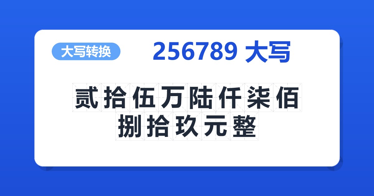 256789大写 贰拾伍万陆仟柒佰捌拾玖元整
