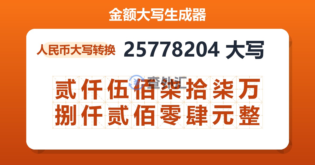 25778204大写 贰仟伍佰柒拾柒万捌仟贰佰零肆元整
