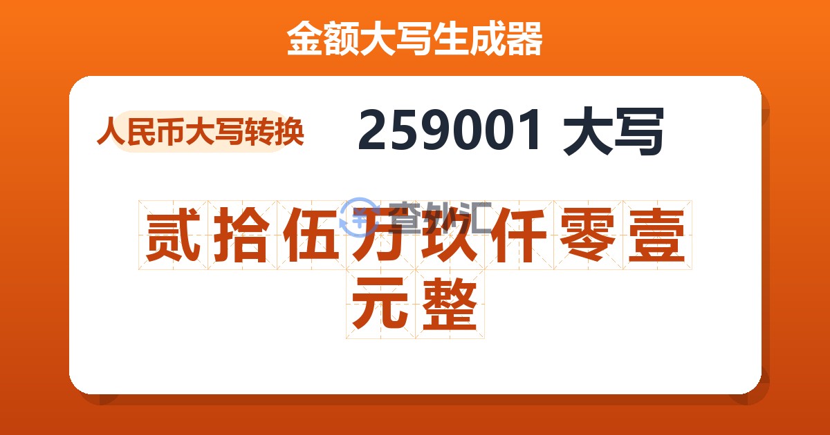 259001大写 贰拾伍万玖仟零壹元整