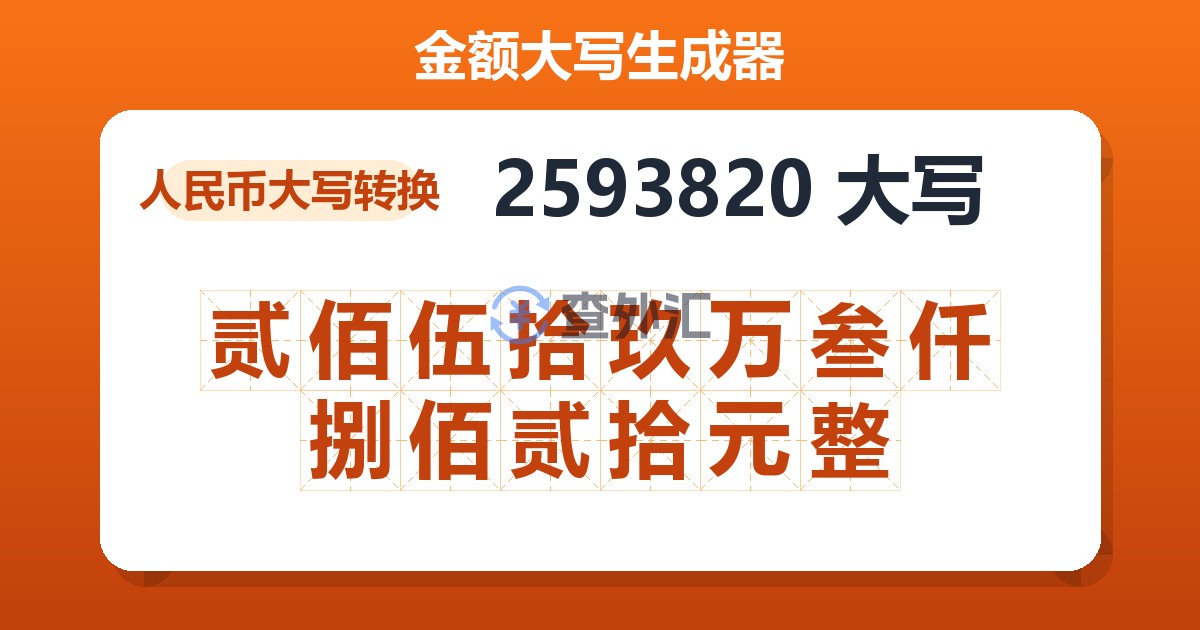 2593820大写 贰佰伍拾玖万叁仟捌佰贰拾元整