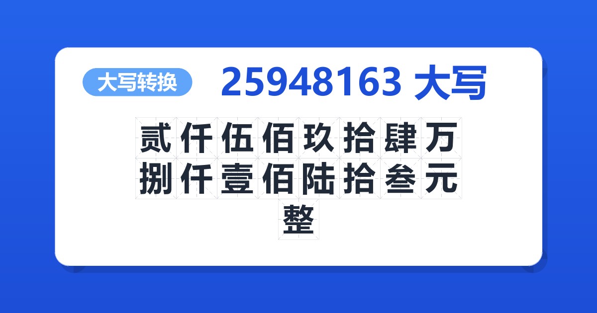 25948163大写 贰仟伍佰玖拾肆万捌仟壹佰陆拾叁元整