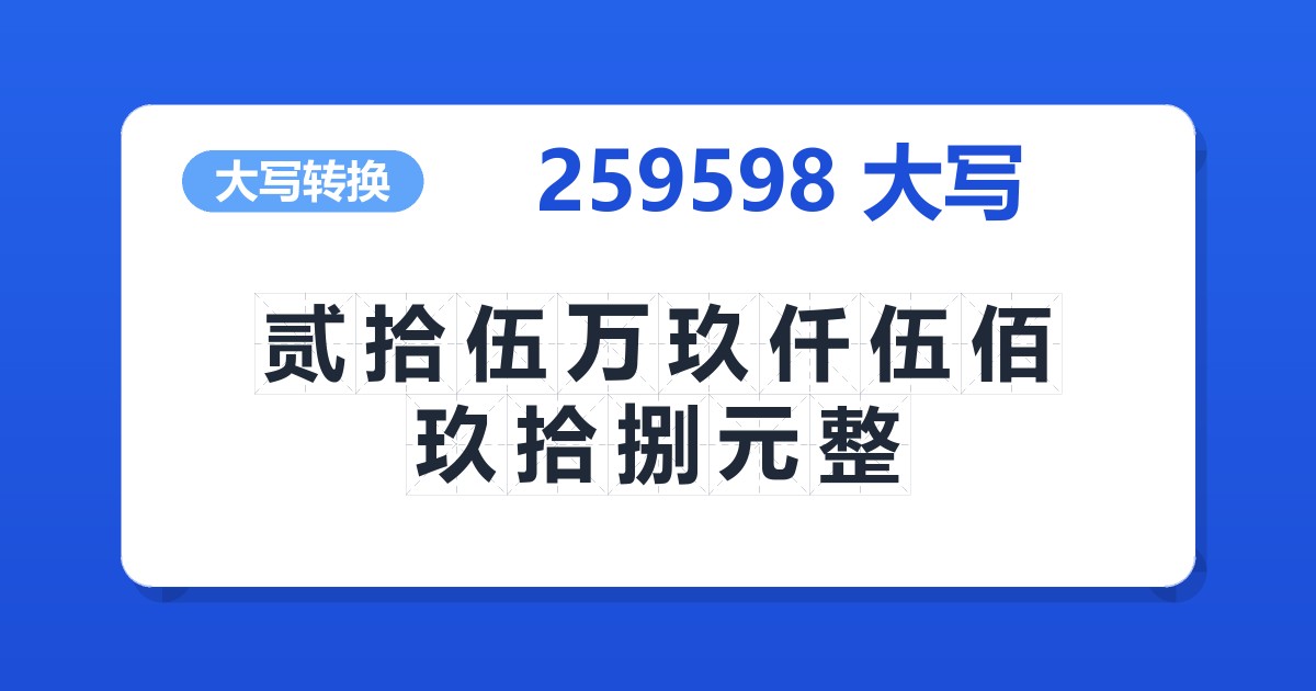 259598大写 贰拾伍万玖仟伍佰玖拾捌元整