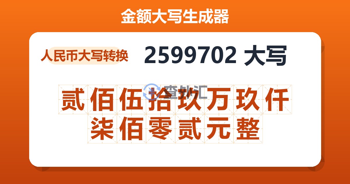 2599702大写 贰佰伍拾玖万玖仟柒佰零贰元整