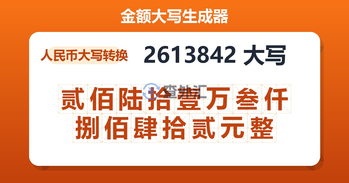 2613842大写 贰佰陆拾壹万叁仟捌佰肆拾贰元整