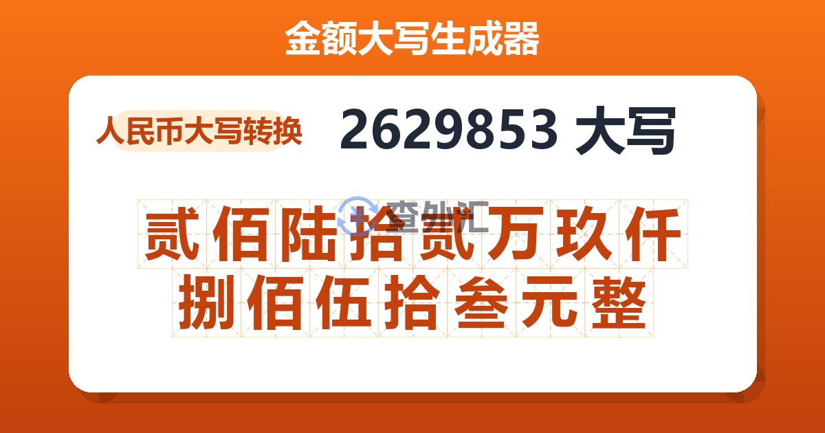 2629853大写 贰佰陆拾贰万玖仟捌佰伍拾叁元整