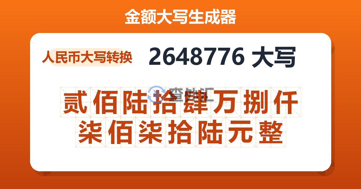 2648776大写 贰佰陆拾肆万捌仟柒佰柒拾陆元整