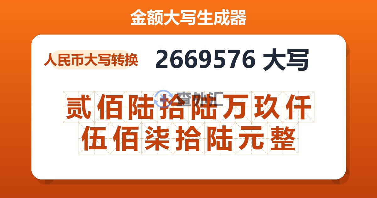 2669576大写 贰佰陆拾陆万玖仟伍佰柒拾陆元整