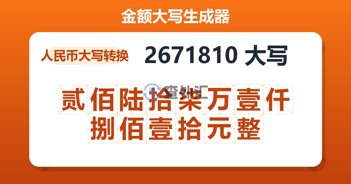2671810大写 贰佰陆拾柒万壹仟捌佰壹拾元整