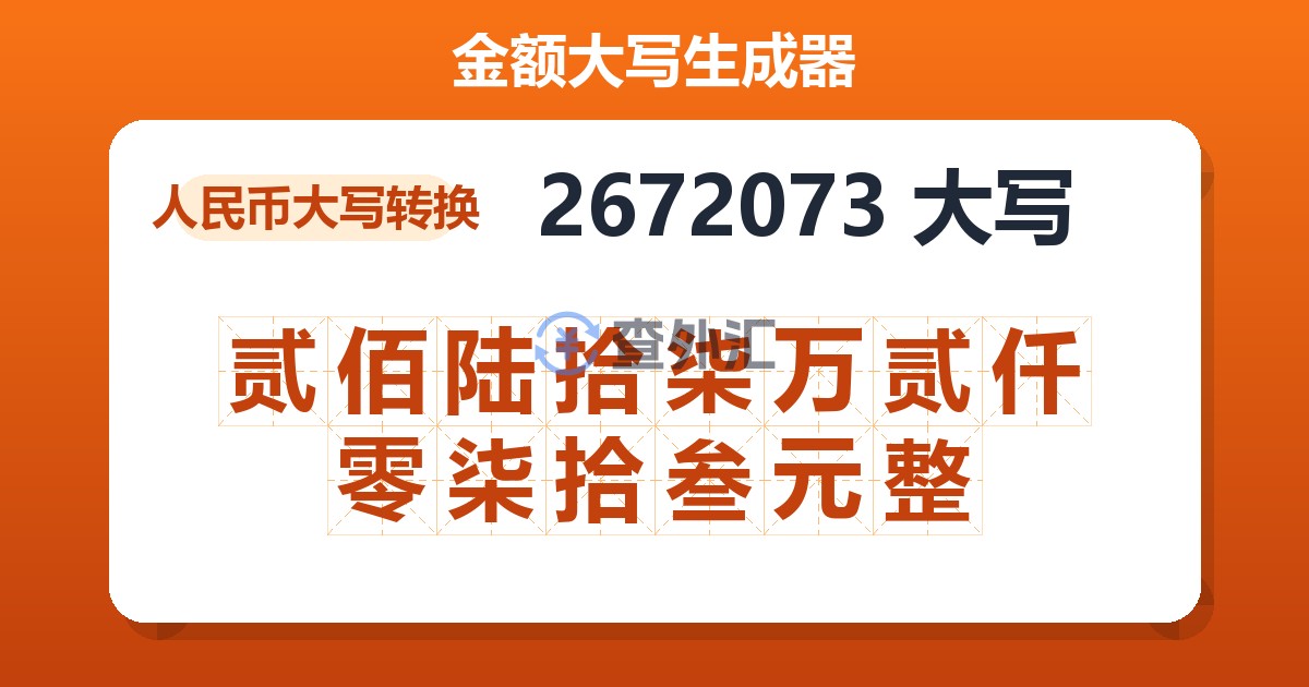 2672073大写 贰佰陆拾柒万贰仟零柒拾叁元整