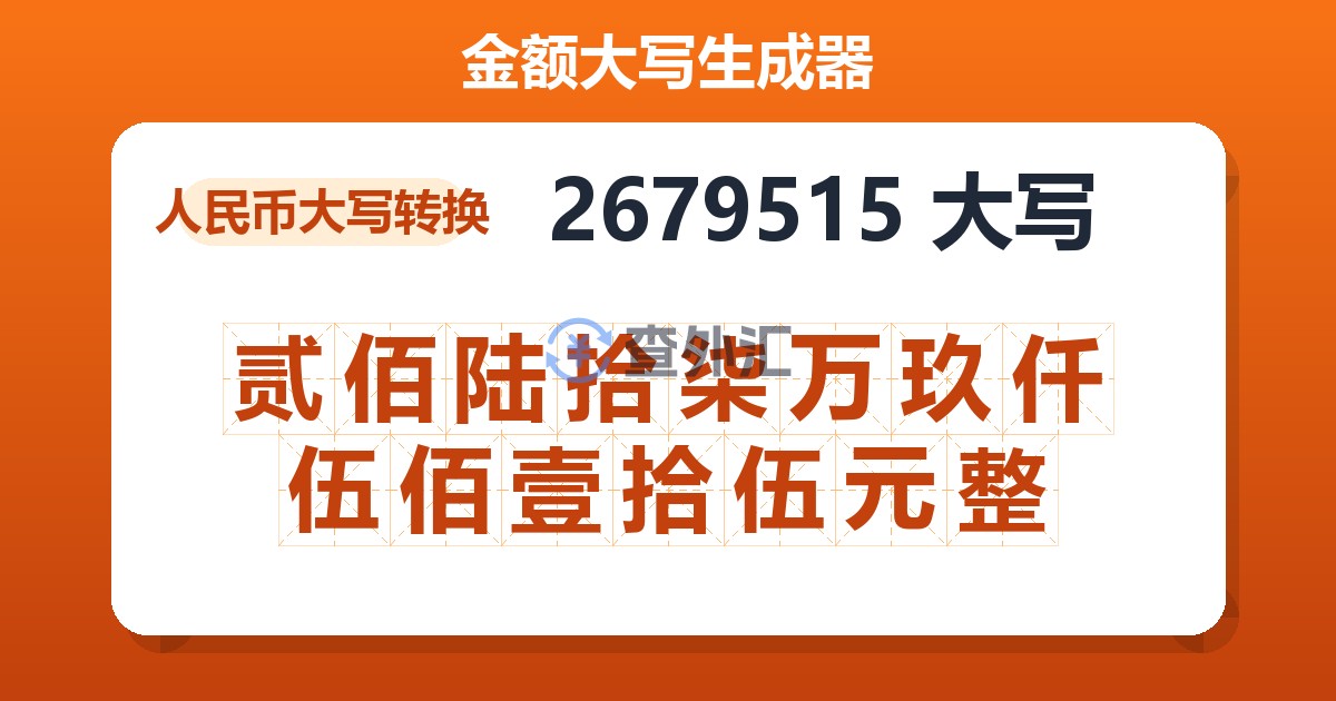 2679515大写 贰佰陆拾柒万玖仟伍佰壹拾伍元整