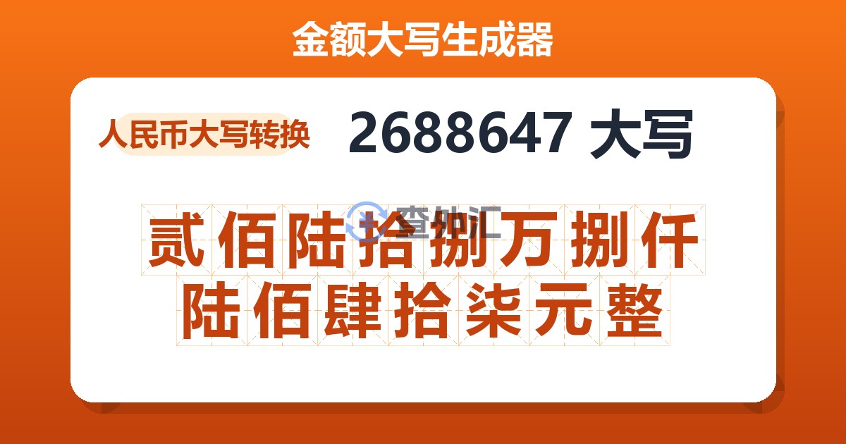 2688647大写 贰佰陆拾捌万捌仟陆佰肆拾柒元整