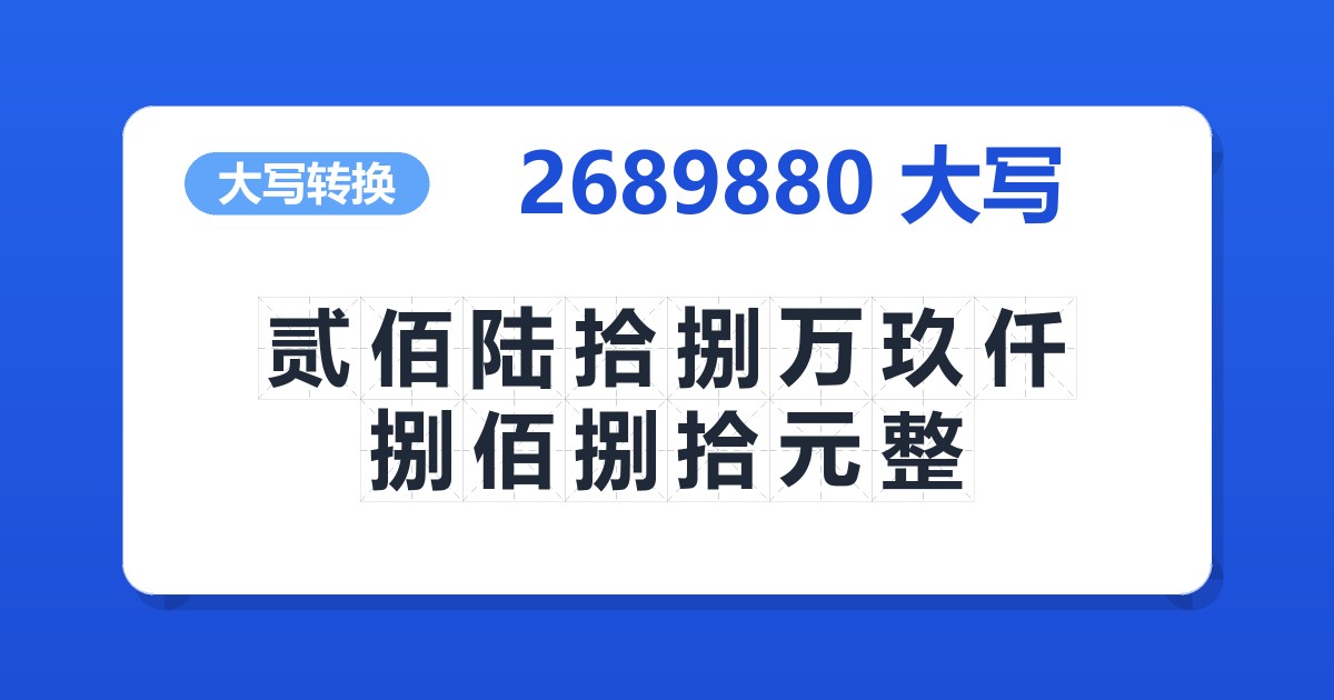2689880大写 贰佰陆拾捌万玖仟捌佰捌拾元整