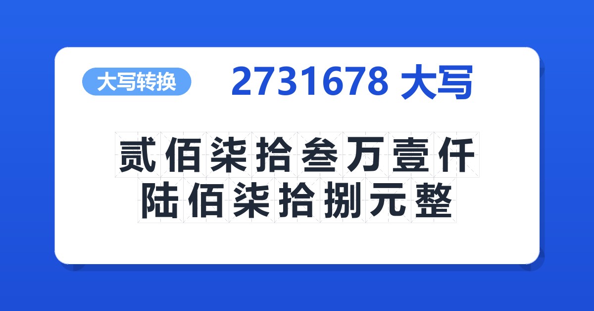 2731678大写 贰佰柒拾叁万壹仟陆佰柒拾捌元整