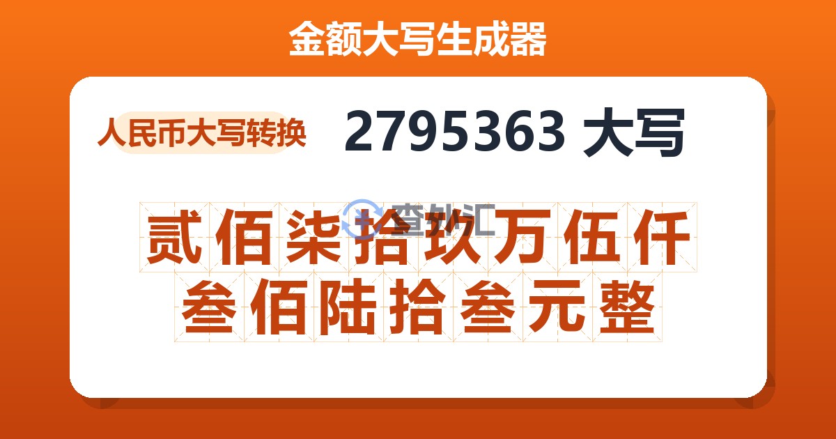 2795363大写 贰佰柒拾玖万伍仟叁佰陆拾叁元整