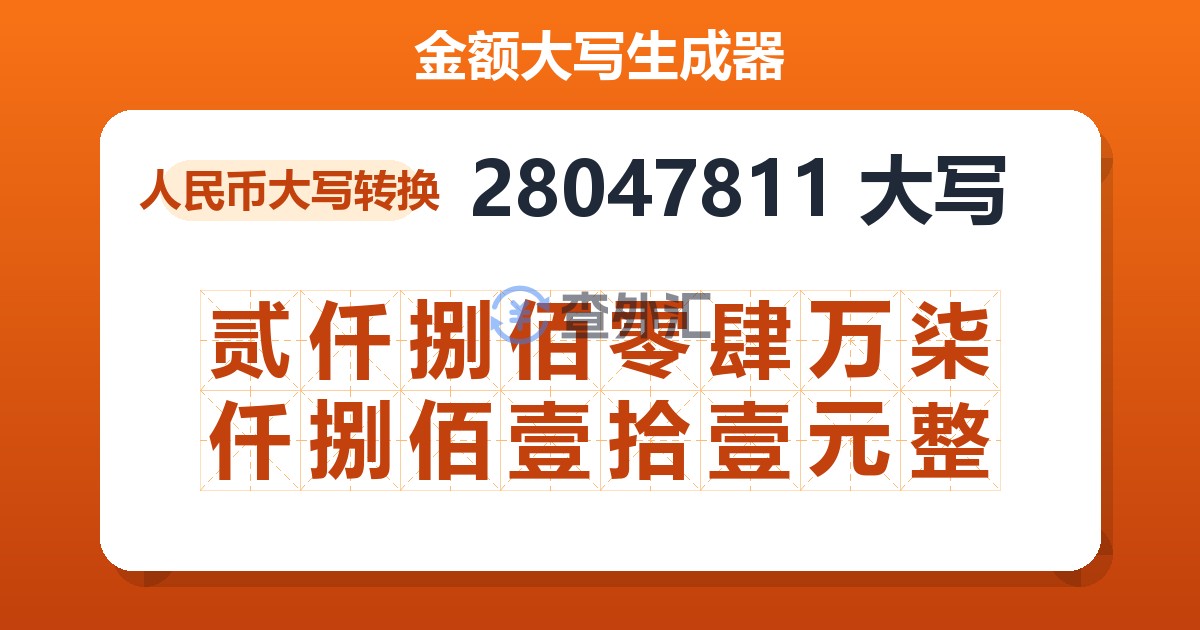 28047811大写 贰仟捌佰零肆万柒仟捌佰壹拾壹元整