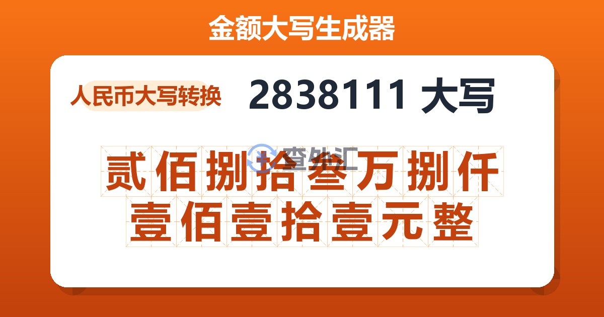 2838111大写 贰佰捌拾叁万捌仟壹佰壹拾壹元整