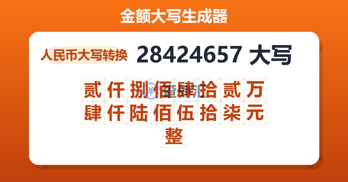 28424657大写 贰仟捌佰肆拾贰万肆仟陆佰伍拾柒元整