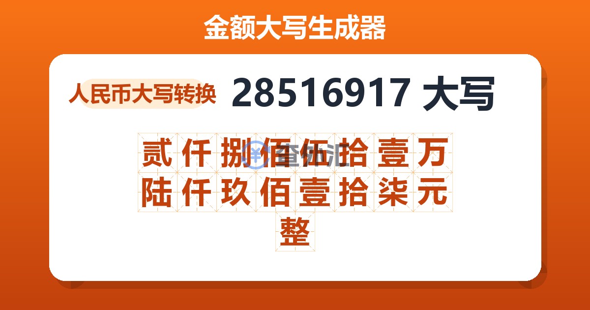 28516917大写 贰仟捌佰伍拾壹万陆仟玖佰壹拾柒元整