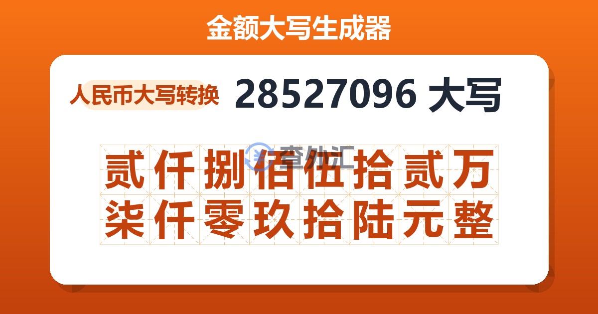 28527096大写 贰仟捌佰伍拾贰万柒仟零玖拾陆元整
