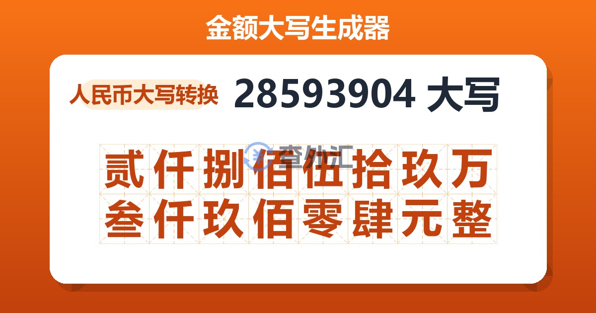 28593904大写 贰仟捌佰伍拾玖万叁仟玖佰零肆元整