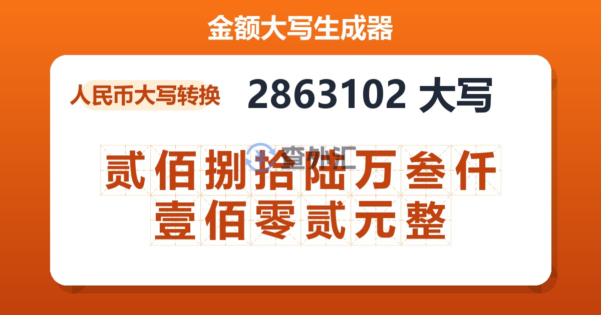 2863102大写 贰佰捌拾陆万叁仟壹佰零贰元整