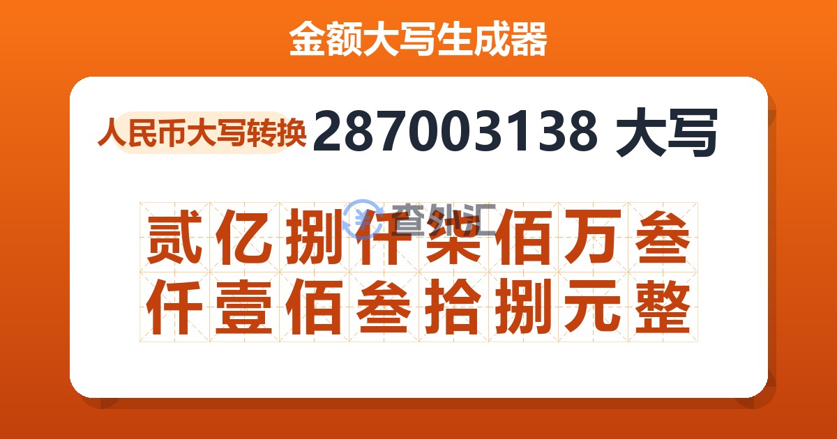 287003138大写 贰亿捌仟柒佰万叁仟壹佰叁拾捌元整