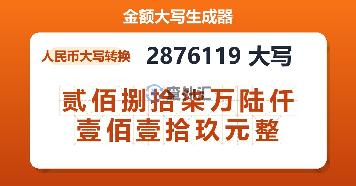 2876119大写 贰佰捌拾柒万陆仟壹佰壹拾玖元整