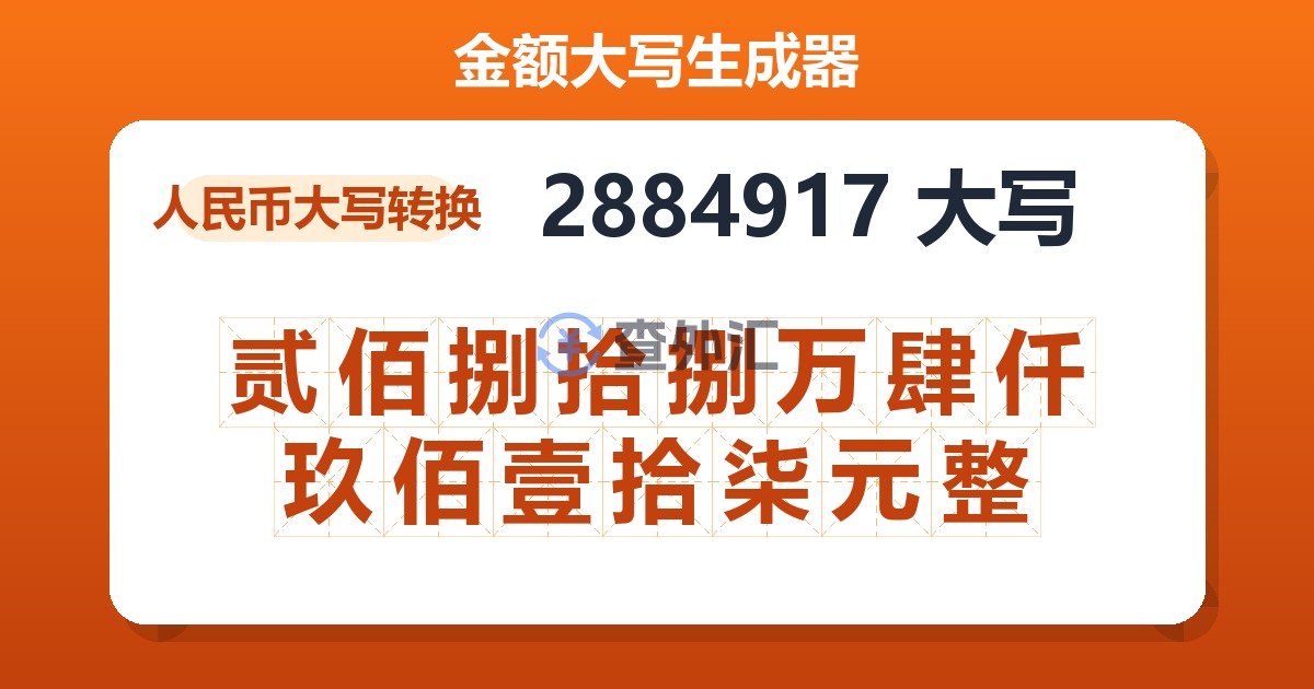 2884917大写 贰佰捌拾捌万肆仟玖佰壹拾柒元整