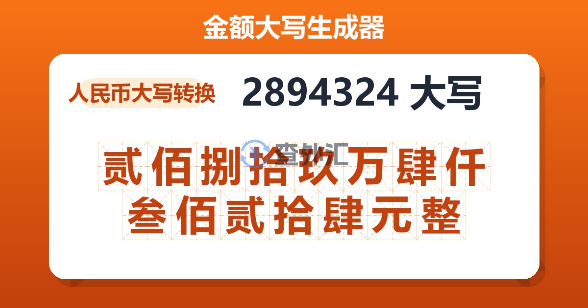 2894324大写 贰佰捌拾玖万肆仟叁佰贰拾肆元整