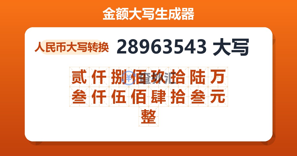 28963543大写 贰仟捌佰玖拾陆万叁仟伍佰肆拾叁元整