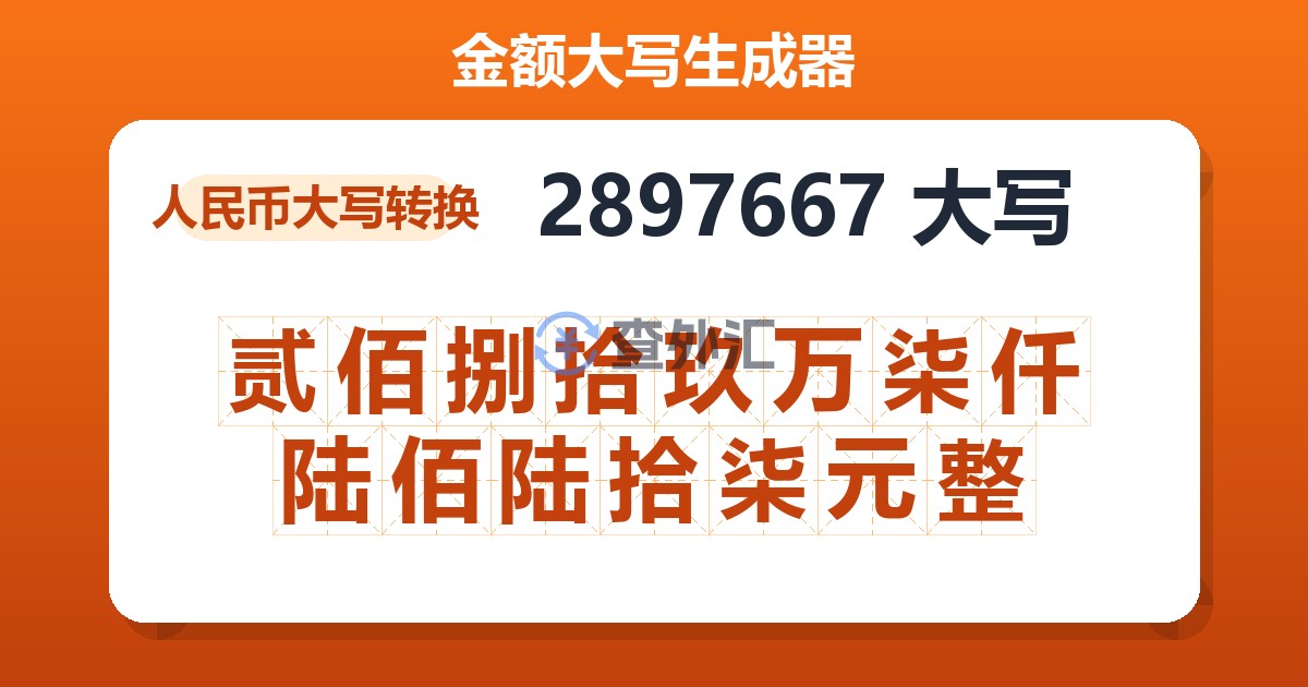 2897667大写 贰佰捌拾玖万柒仟陆佰陆拾柒元整